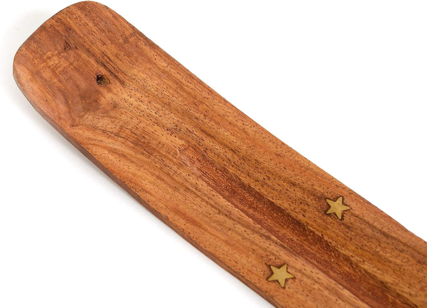 Wooden Incense Holder for Sticks with Inlays of Brass Crescent Moon 10 inches Long