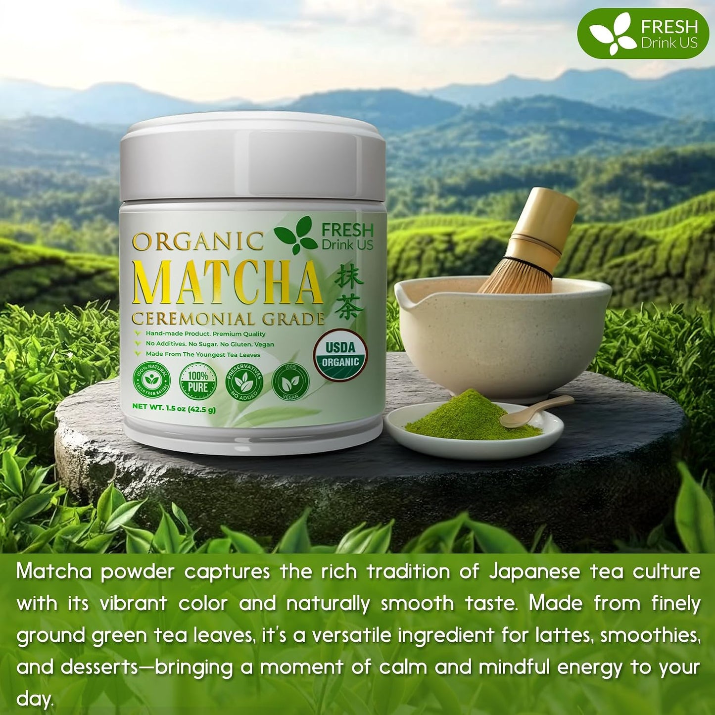FreshDrinkUS, Matcha Latte Powder 16 oz – Premium Japanese-Style Blend for Smooth, Creamy Matcha Drinks – Perfect for Lattes, Baking, Smoothies & Daily Enjoyment. Vegan