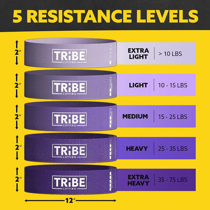 Tribe Lifting Fabric Resistance Bands for Working Out - 5 Exercise Bands Set for Legs and Glutes - Booty Bands for Women and Men - Thick Cloth Workout Bands for Physical Therapy, Hip Training