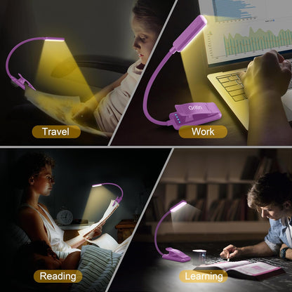 Gritin 9 LED Rechargeable Book Light for Reading in Bed | Eye Caring 3 Color Temps,Stepless Dimming Brightness,80 Hrs Runtime Small Lightweight Clip On Book Reading Light for Studying