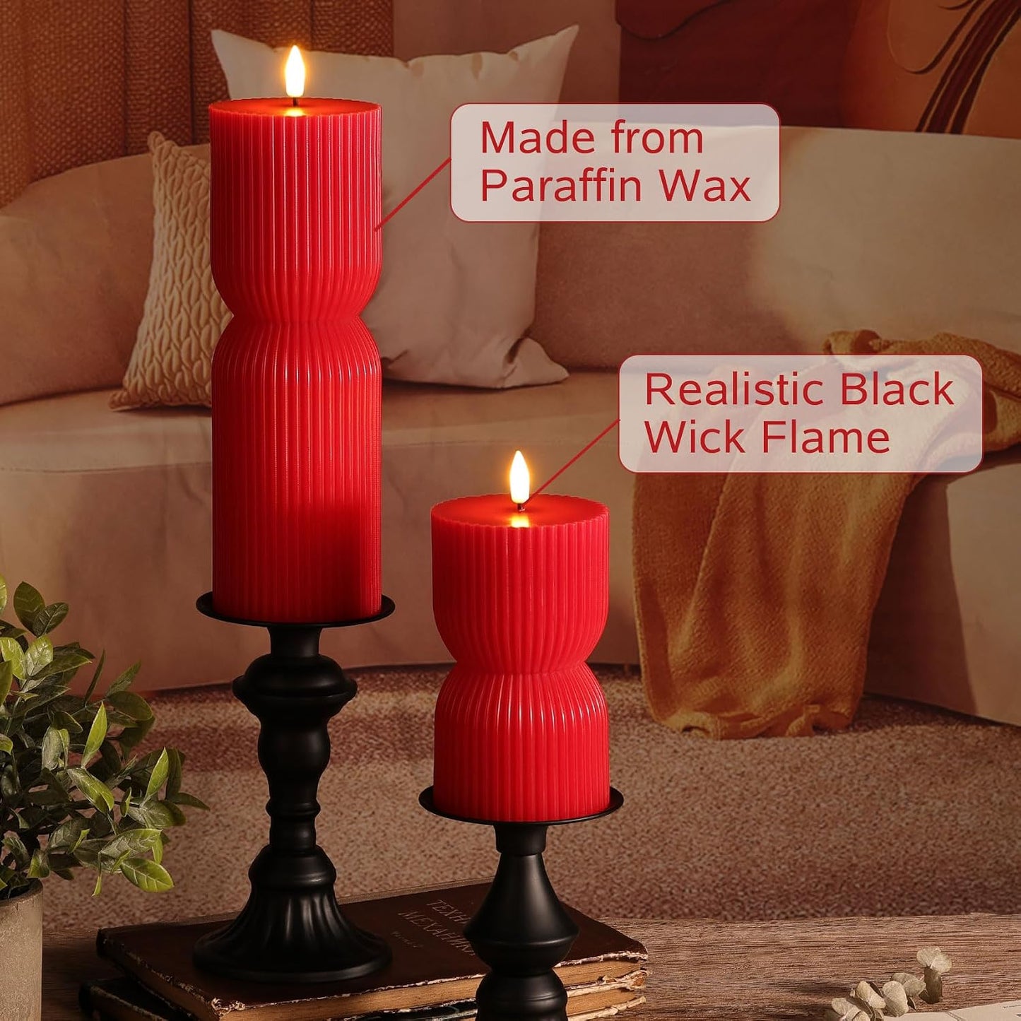 White Ribbed Flameless Pillar Candles with Remote, Real Wax Flickering Battery LED Candles Set of 2