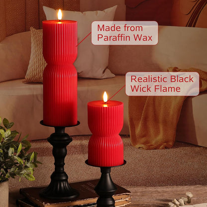 White Ribbed Flameless Pillar Candles with Remote, Real Wax Flickering Battery LED Candles Set of 2