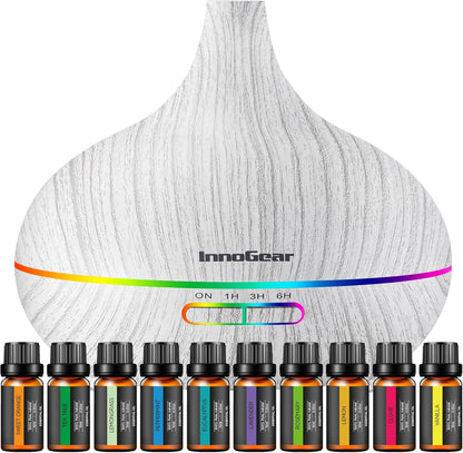 InnoGear Aromatherapy Diffuser & 10 Essential Oils Set, 400ml Diffuser Ultrasonic Diffusers for Home Cool Mist Humidifier with 4 Timers 7 Colors Light Waterless Auto Off, Dark Wood Grain