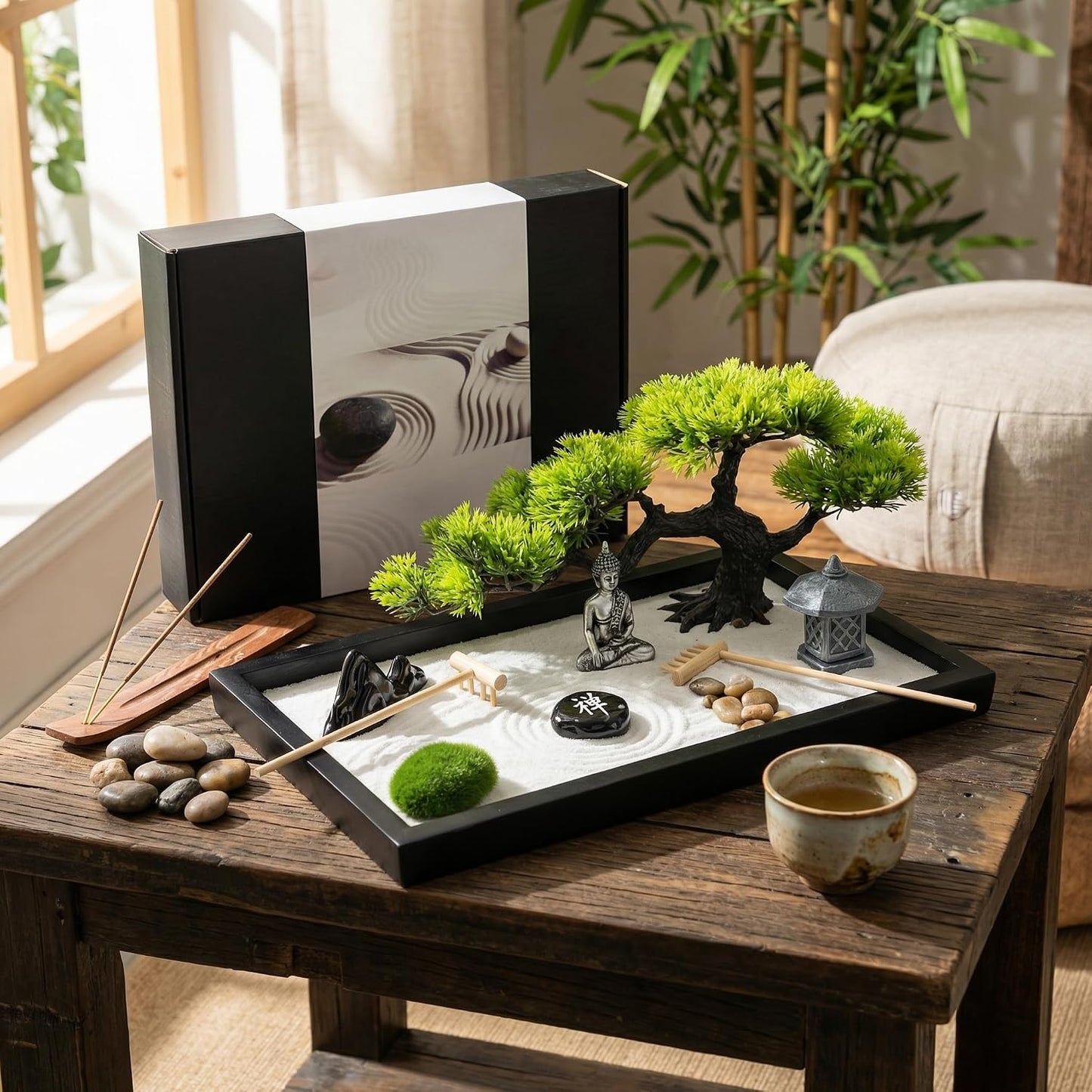 Zen Garden for Desk,Mini Oriental Antique Stone Sculpture Sand Tray, Desktop Zen Garden Kit for Adults, Meditation & Zen Decor, Unique Stress Relief Gift.
