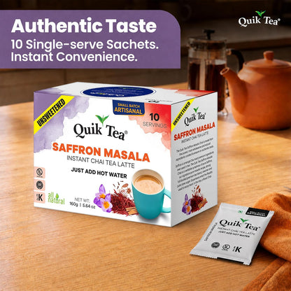 QuikTea Instant Saffron Masala Chai Tea Latte Unsweetened, 10 Single-Serve Sachets, Artisanal Indian Chai Latte Mix, Just Add Hot Water, Low Caffeine, Non-GMO, Gluten Free.