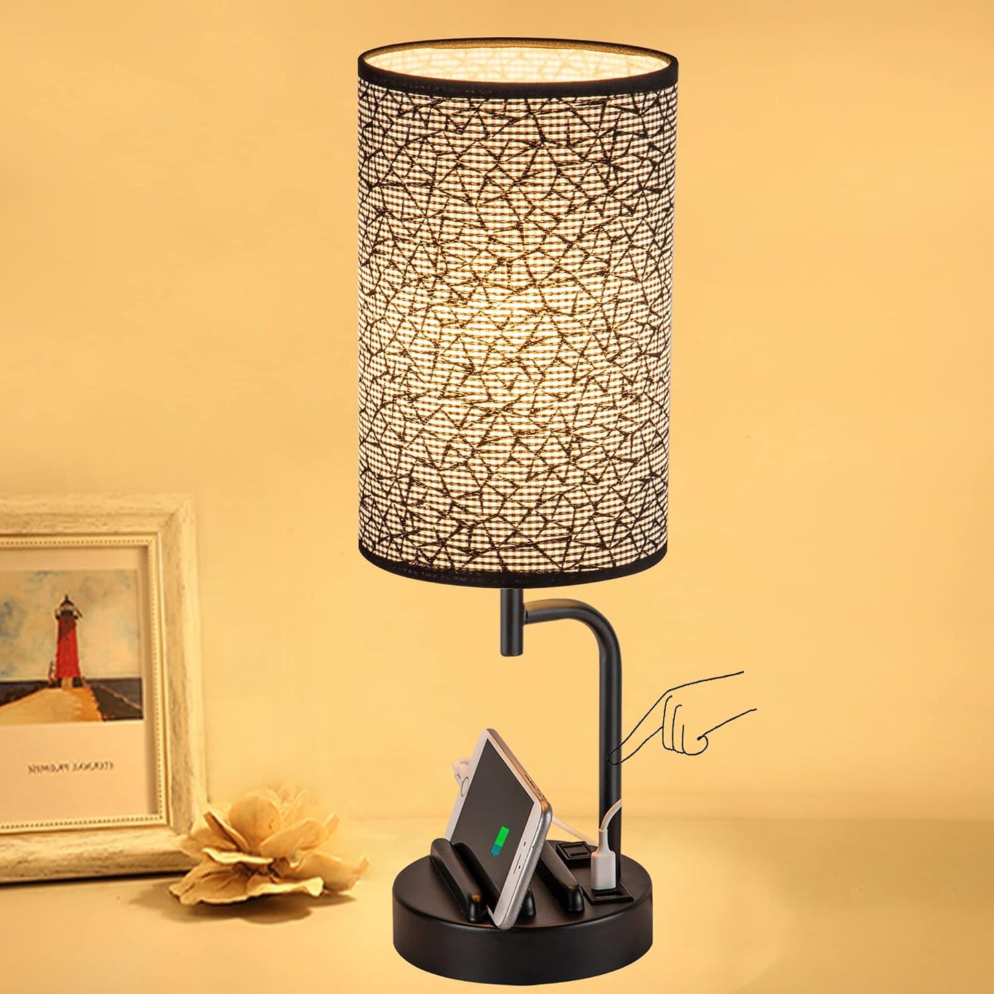Dreamholder Touch Control USB Table Lamp, Upgraded 3-Way Dimmable Bedside Desk Lamp with USB C & A Charging Ports and AC Outlet, Nightstand Lamp for Bedroom, Dimmable Bulb Included, Gold