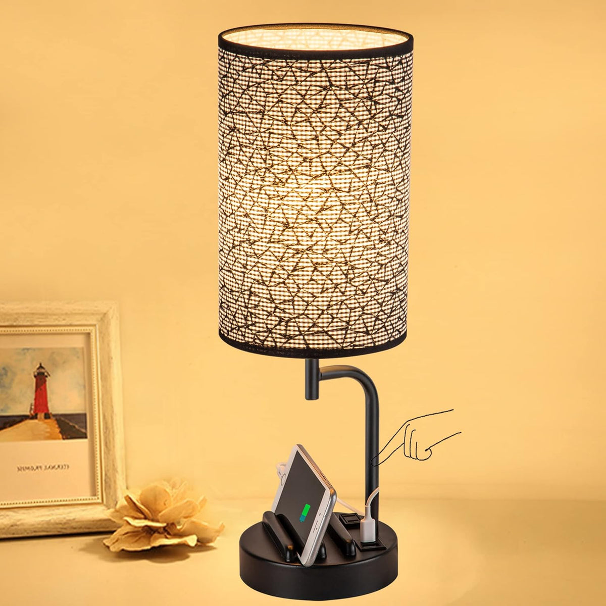 Dreamholder Touch Control USB Table Lamp, Upgraded 3-Way Dimmable Bedside Desk Lamp with USB C & A Charging Ports and AC Outlet, Nightstand Lamp for Bedroom, Dimmable 9W LED Bulb Included