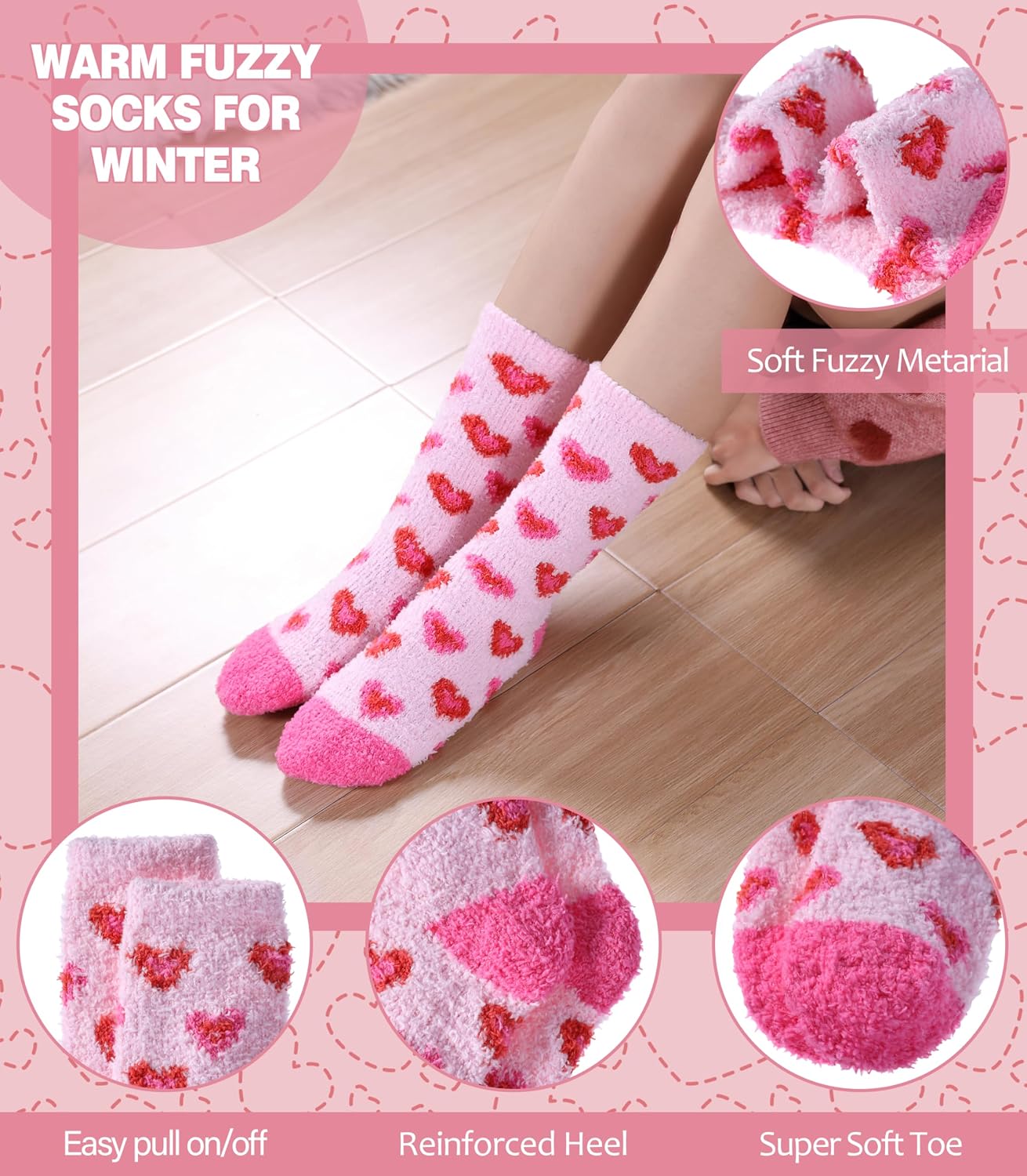 LANLEO Fuzzy Socks for Women Fluffy Slipper Winter Warm Soft Cozy Microfiber Plush Sleeping Heart Socks