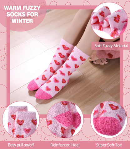 LANLEO Fuzzy Socks for Women Fluffy Slipper Winter Warm Soft Cozy Microfiber Plush Sleeping Heart Socks