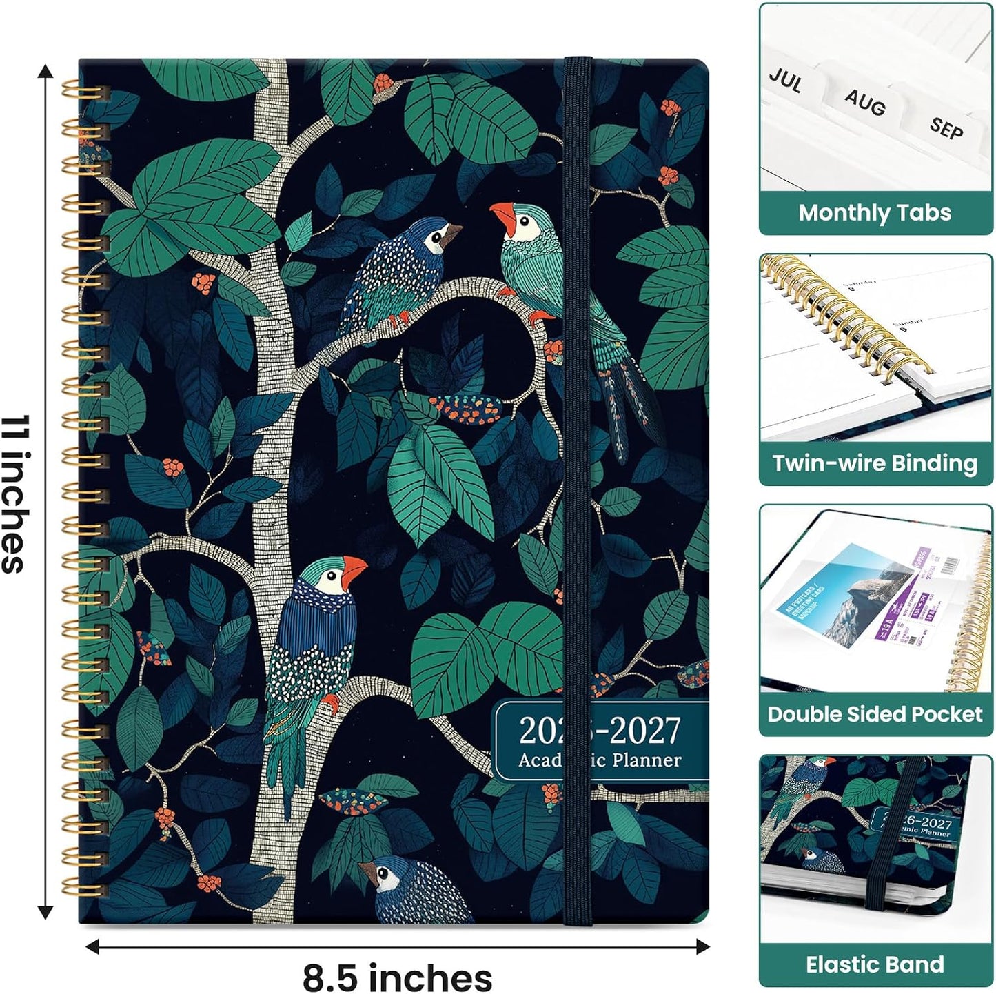 Planner 2026-2027, Academic Monthly and Weekly Calendar Planner for Women, July 2026 - June 2027, Hardcover Pretty Agenda Planner Book with Tabs, Spiral Daily Organizer for School Office Home Supplies, 6.3" x 8.5" - Blue Floral