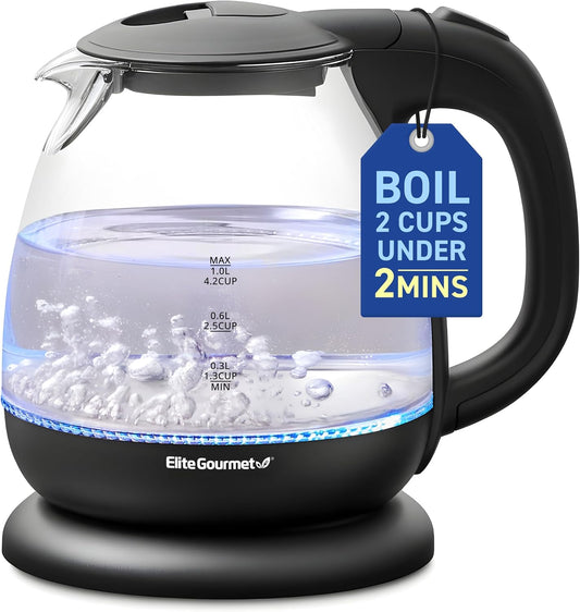 Elite Gourmet EKT3001 1L Digital Water Kettle, 304 Stainless Steel Interior, Programmed Temperatures, Keep Warm Function, Cordless, 360° Base, Auto Off & Audible Indicator, Matte Black