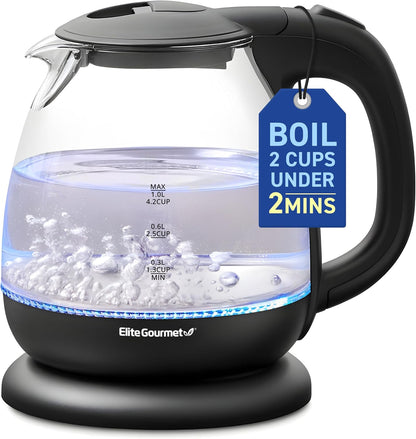 Elite Gourmet EKT1001 1.0L Glass Kettle, 1100W, Cordless Base, Black