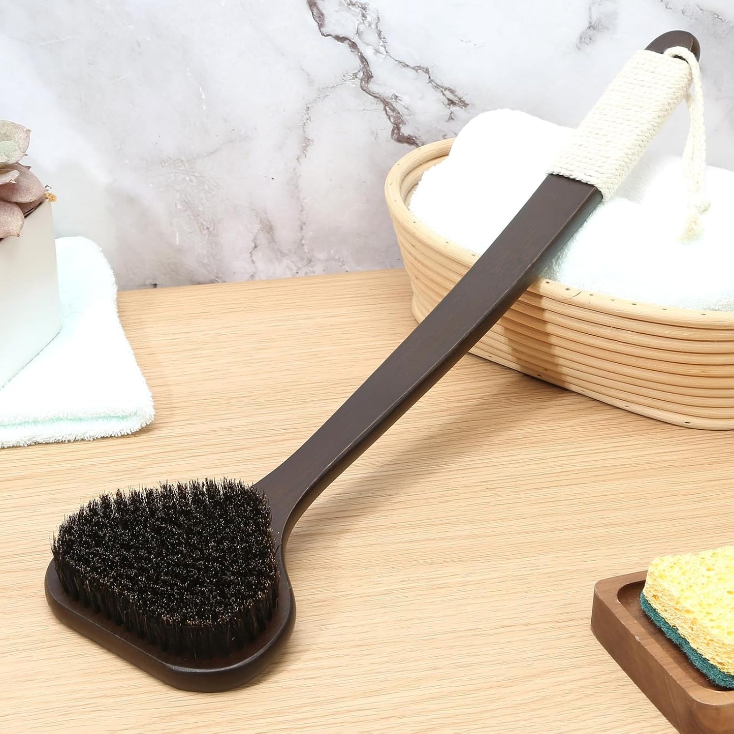 eaxun Bamboo Back Scrubber with Curved Long Handle, 17.3 Inches Exfoliating Shower Brush with Stiff Bristles for Men and Women, Back Washer Body Exfoliator for Bath or Dry Brushing