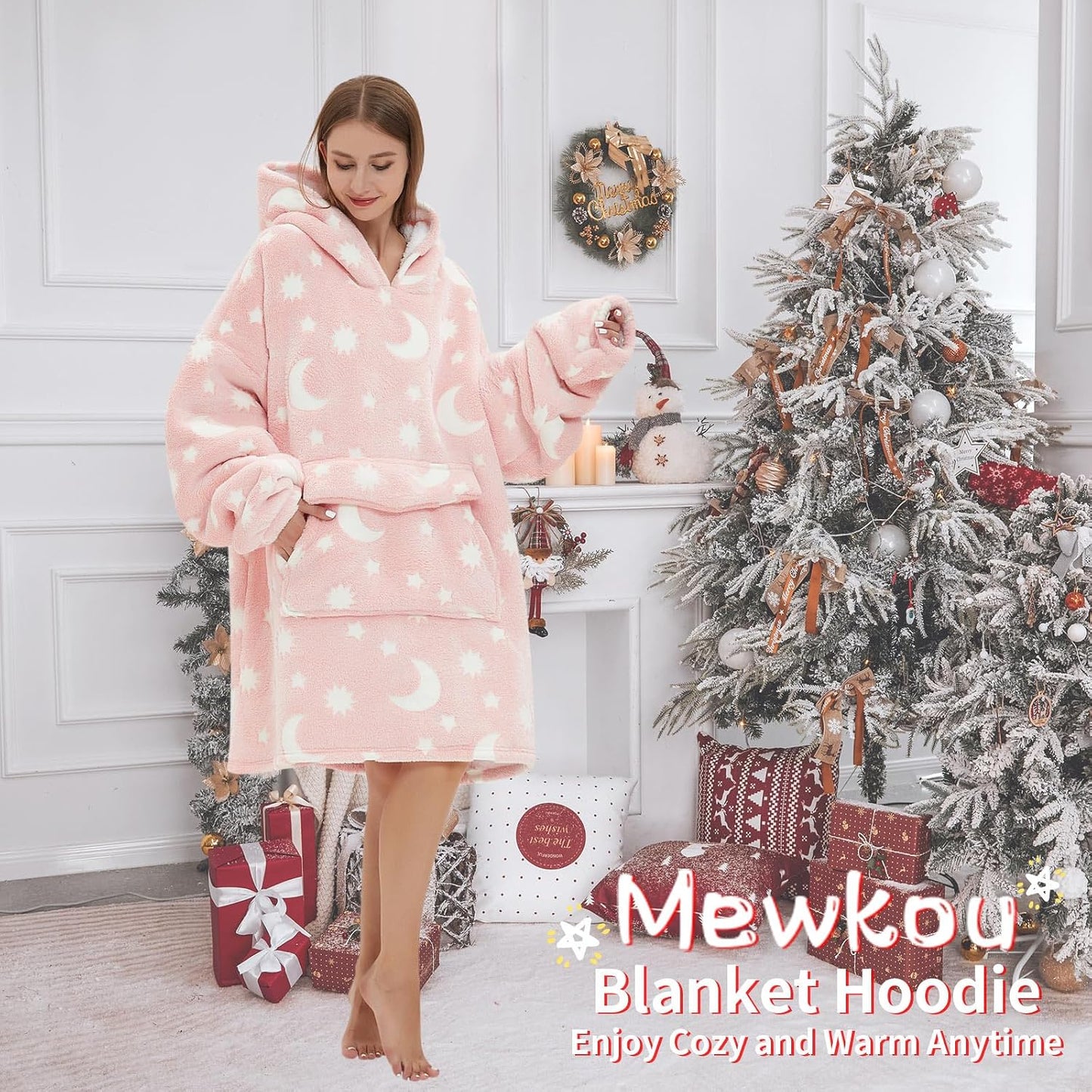 Mewkou Wearable Blanket Hoodie for Adult,Oversized Sherpa Fleece Blanket Hoodie for Women Men,Grey