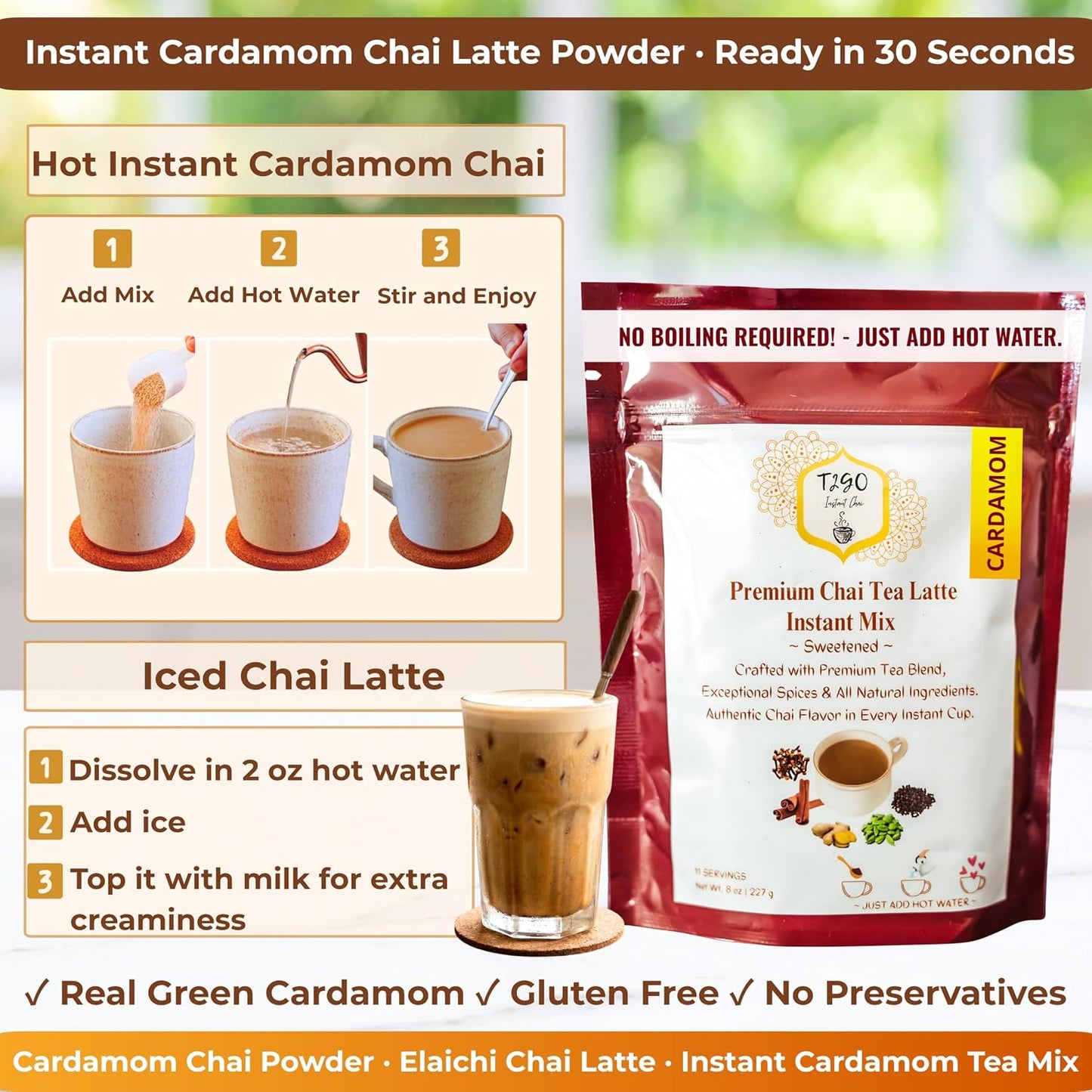 T2GO Authentic Karak Masala Chai Tea Mix – Just Add Water, 8 oz | Bold karak-style masala chai — real milk & spices in every scoop, no simmering