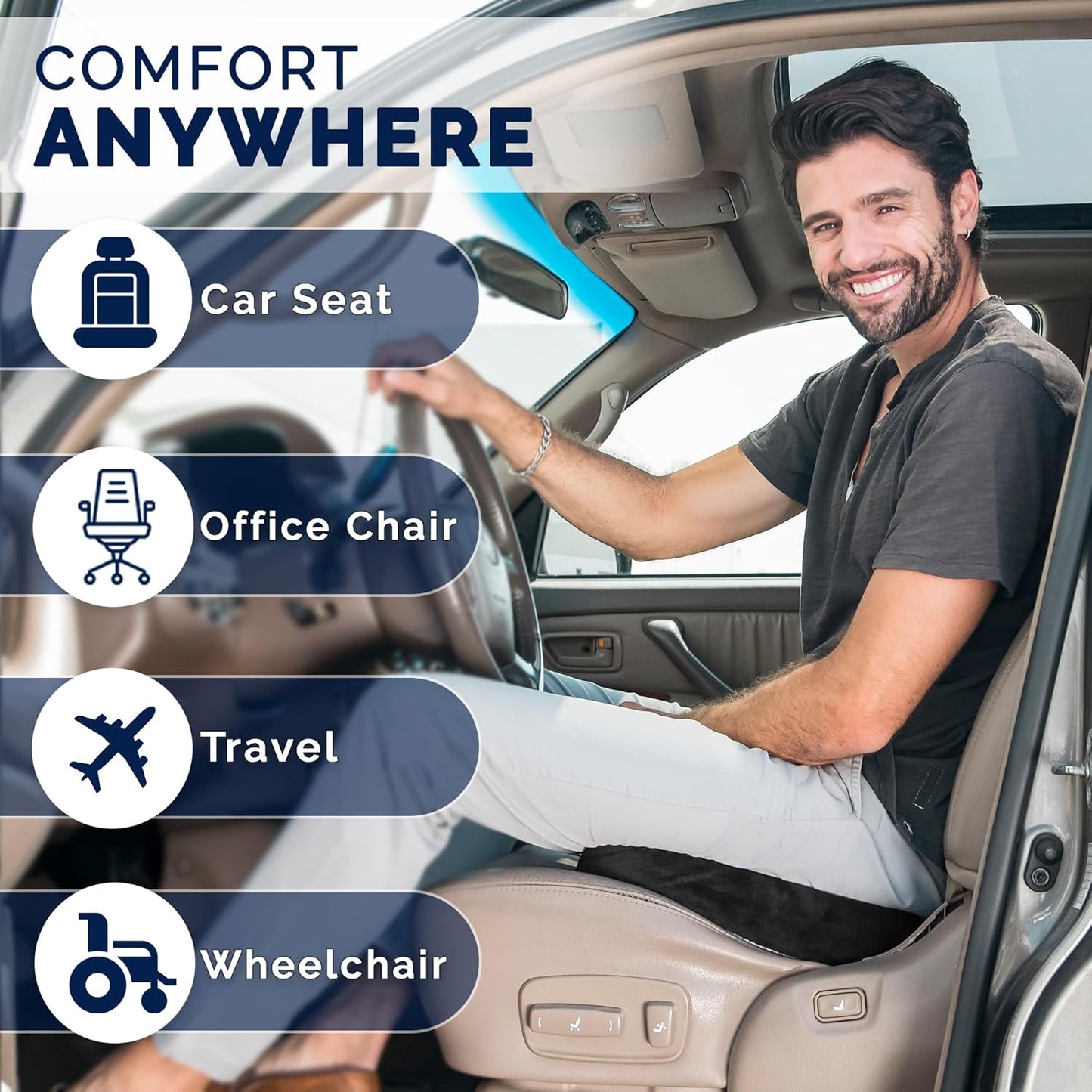 ComfiLife Car Seat Cushion–Premium Wedge 100% Polyurethane Foam Car Cushions for Driving–Auto Seat Cushion–Back & Sciatica Pain Relief for Long Drives–Comfort for Car Driver,Office, Truck Seat (Black)