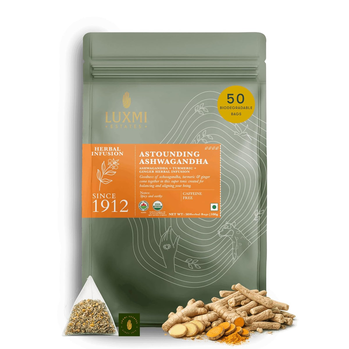 Luxmi Estates Ashwagandha Turmeric | Organic Adaptogen Tea | 50 Biodegradable Tea Bags | 100g/3.52oz