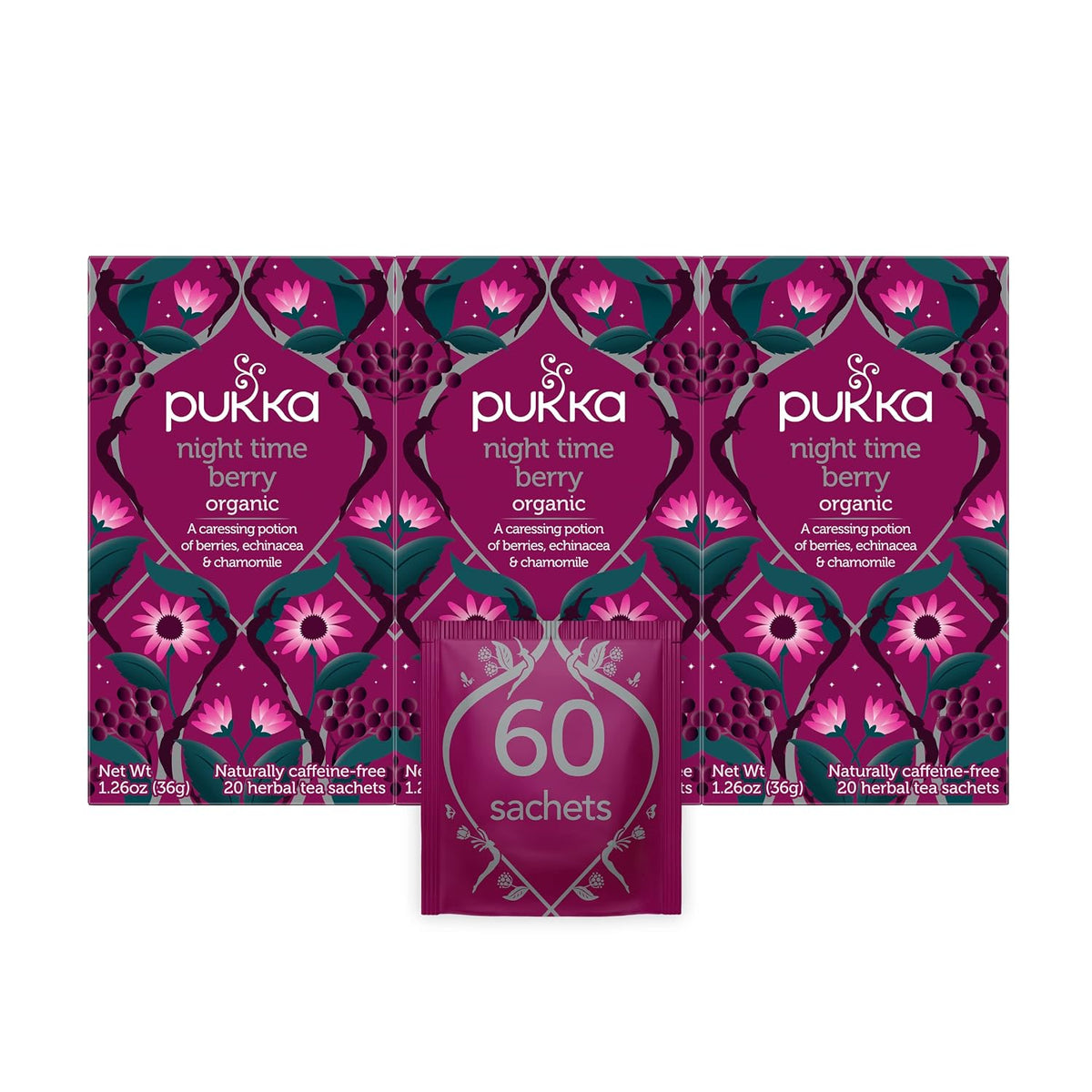 Pukka Organic Tea Bags, Night Time Berry Herbal Tea with Chamomile, Echinacea, and Elderberry, Perfect for Overnight Wellness, 20 Count (Pack of 3), 60 Tea Bags