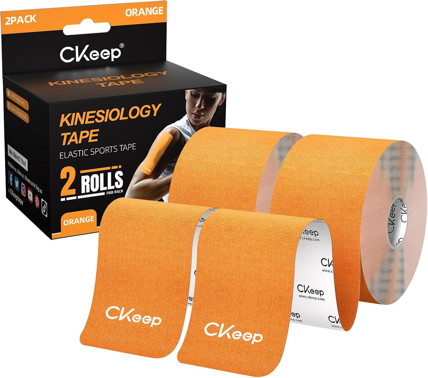 CKeep Kinesiology Tape, Uncut Premium Elastic Athletic Tape 2 Rolls, Beige | Original Cotton Latex Free Kinetic Tape, Breathable & Waterproof Sports Tape for Muscle and Joint Support, 2inch x 16ft