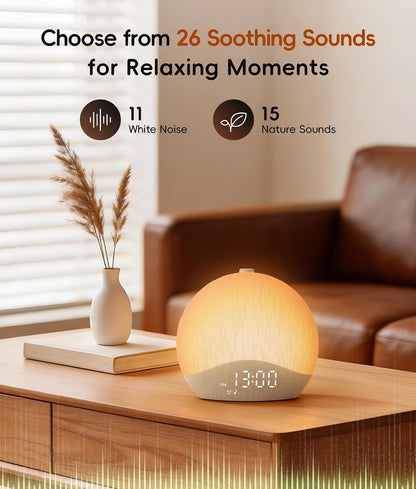 ecozy Sunrise Alarm Clock, White Noise Machine, Sound Machine for Bedroom, Wake Up Light with BT Speaker, 26 Sleep Sounds, 17 Night Lights, Dimmable Digital Clock for Adults, Kids