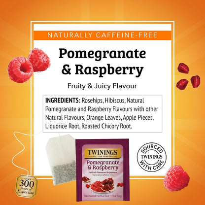 Twinings Pomegranate & Raspberry Herbal Tea Individually Wrapped Bags, 20 Count (Pack of 1), Naturally Caffeine-Free, Enjoy Hot or Iced, 20 Teabags