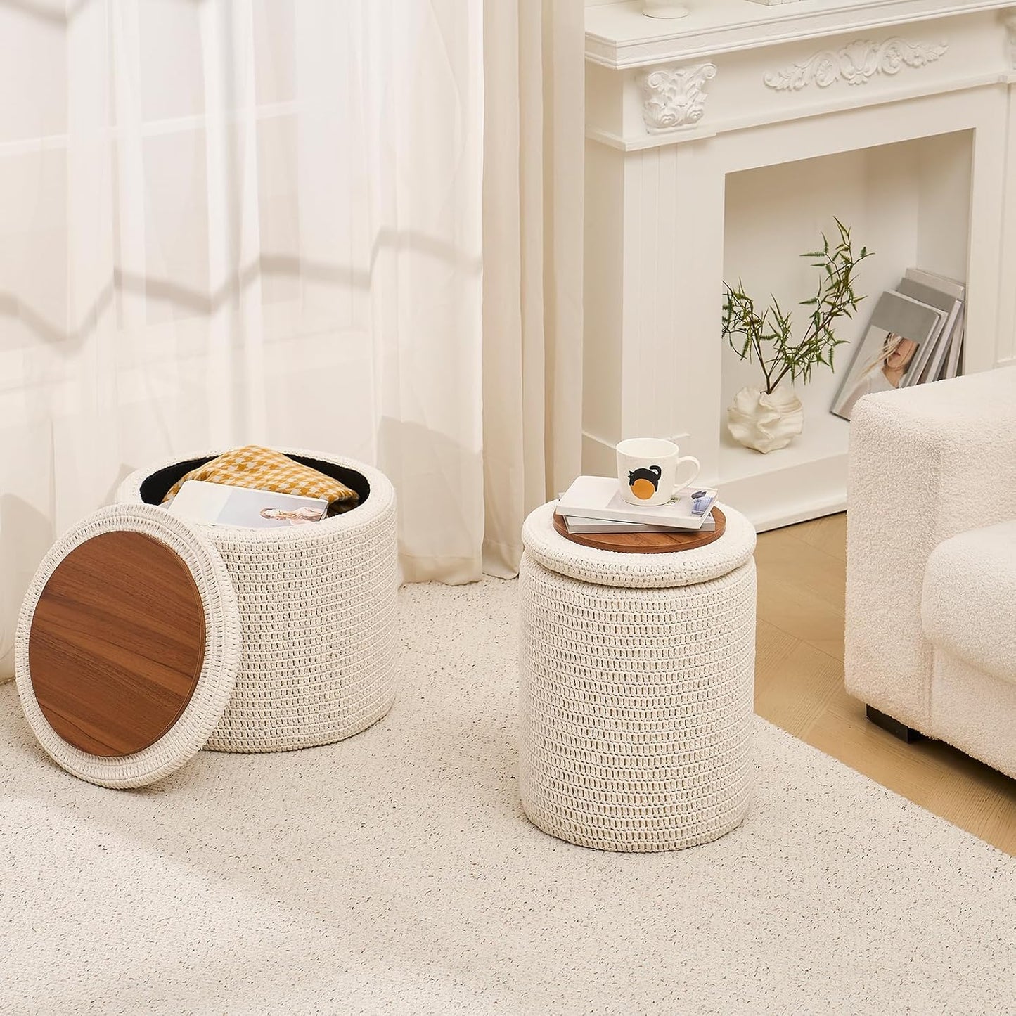 Wimarsbon Pouf Ottoman, 100% Cotton Knitted Boho Footstool, Round Footrest with Non-Skid Wood Legs, Home Décor Handmade Pouffe, Leisure Floor Step Stool for Living Room (Beige)