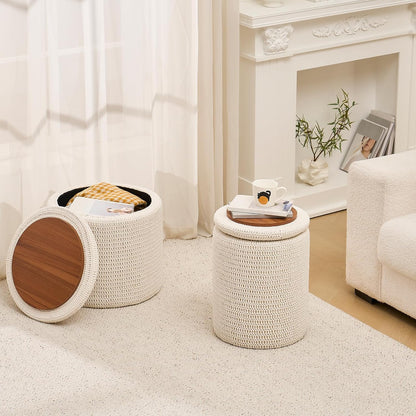 Wimarsbon Pouf Ottoman, 100% Cotton Knitted Boho Footstool, Round Footrest with Non-Skid Wood Legs, Home Décor Handmade Pouffe, Leisure Floor Step Stool for Living Room (Beige)