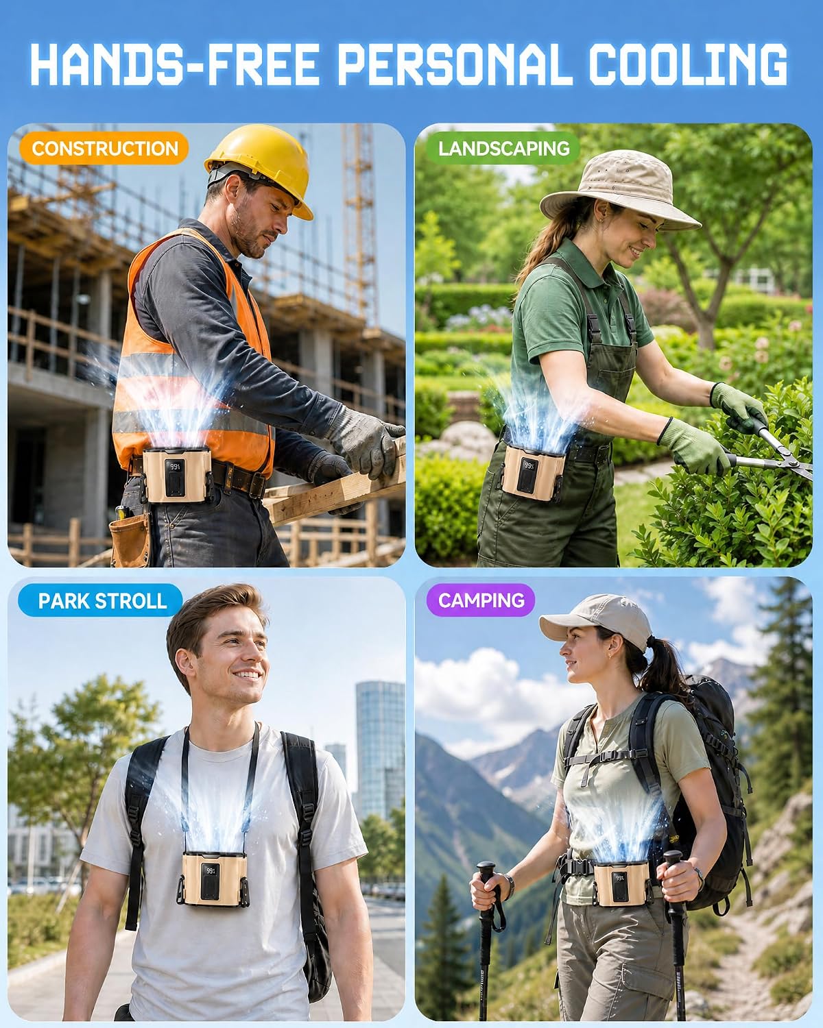 Portable Personal Fan: 3-Motor Hands-Free Waist Fan with 12,000mAh Battery