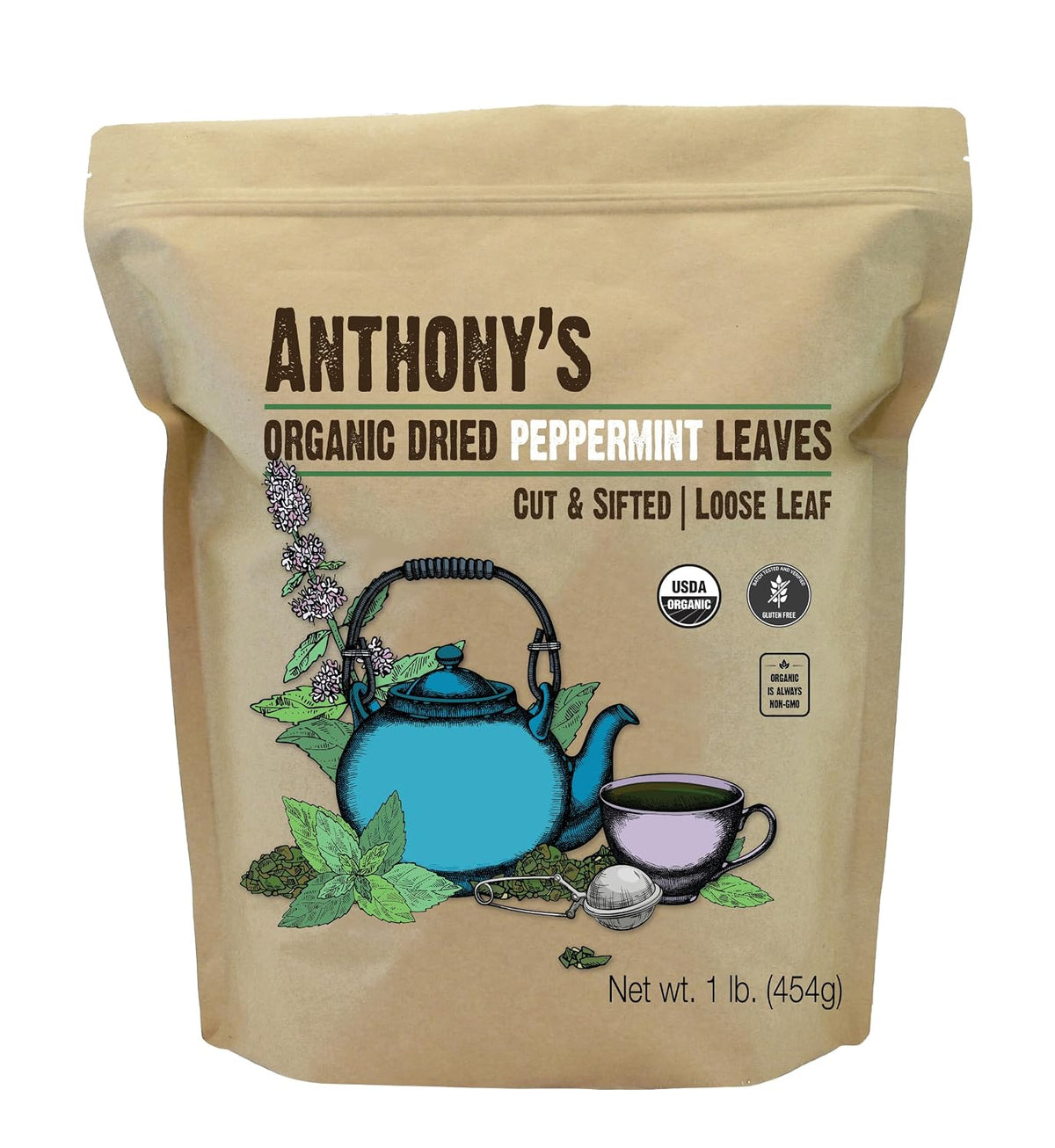 Anthony's Organic Peppermint Leaves, 1 lb, Gluten Free, Non GMO, Cut & Sifted, Keto Friendly