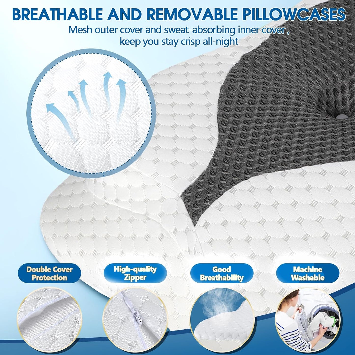 CHxxy Cervical Neck Pillow for Pain Relief Sleeping, Memory Foam Pillows, Ergonomic Side Sleeper Pillows, Cooling Orthopedic Neck Support Pillow for Back Stomach Sleepers-Queen Size Grey&Grey