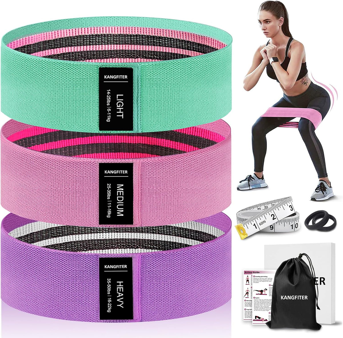 KANGFITER Non-Slip Fabric Resistance Bands for Working Out 3 Levels