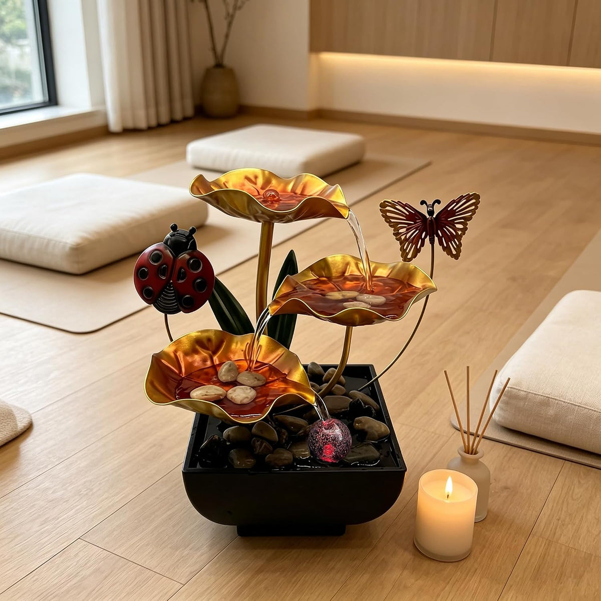 Tabletop Fountain,Indoor Water Fountain,Home Fengshui Décor Zen Relaxation Soothing Sound Machine for Office,Living Room,or Bedroom,Green Lotus,Hummingbird & Pink Flower,9.1inch