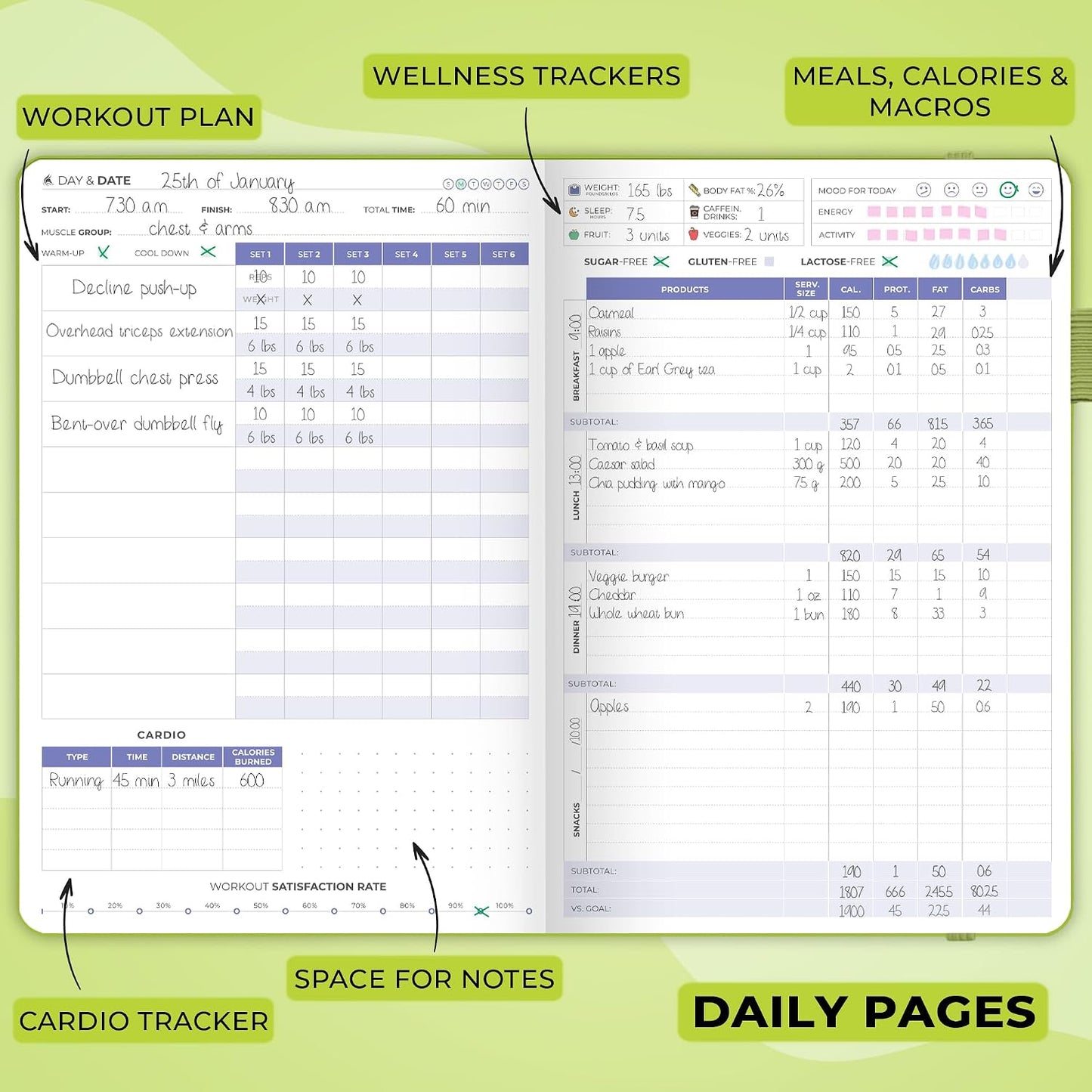 Clever Fox Fitness & Food Journal – Nutrition & Workout Planner for Women & Men – Diet & Gym Exercise Log Book with Calendars, Diet & Training Trackers - Undated, A5 Size, Hardcover (Forest Green)