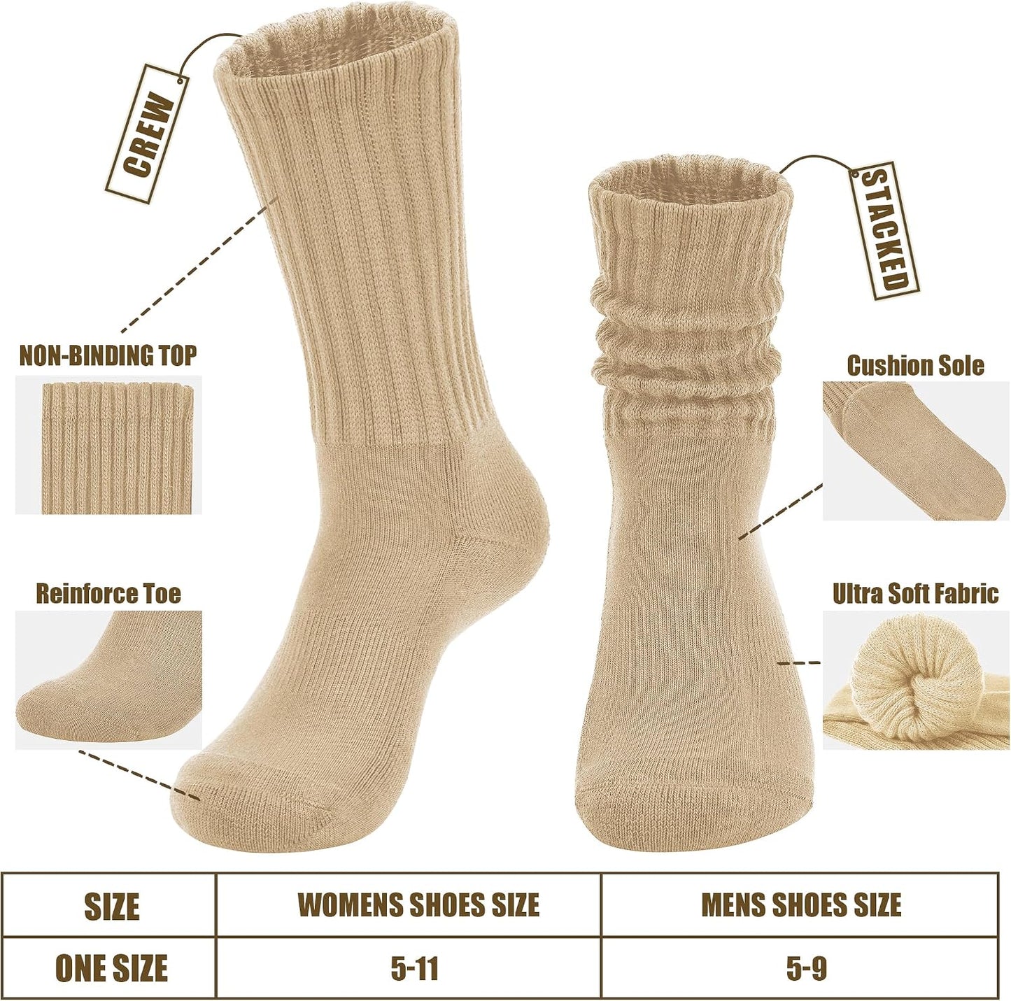 AugRing Women's Scrunch Crew Socks Retro 3-Pack Solid Cotton Boot Calf Chunky Ribbed Cozy Slouchy Socks Size 5-11