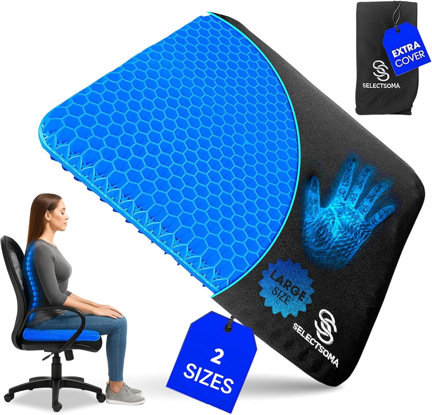 SelectSoma Double-Thick Gel Seat Cushion for Long Sitting Pressure Relief for Back, Sciatica, Coccyx, Tailbone Pain - Cushion for Airplane Travel, Office Chair, Wheelchair, Car & Truck - Egg Seat Pad