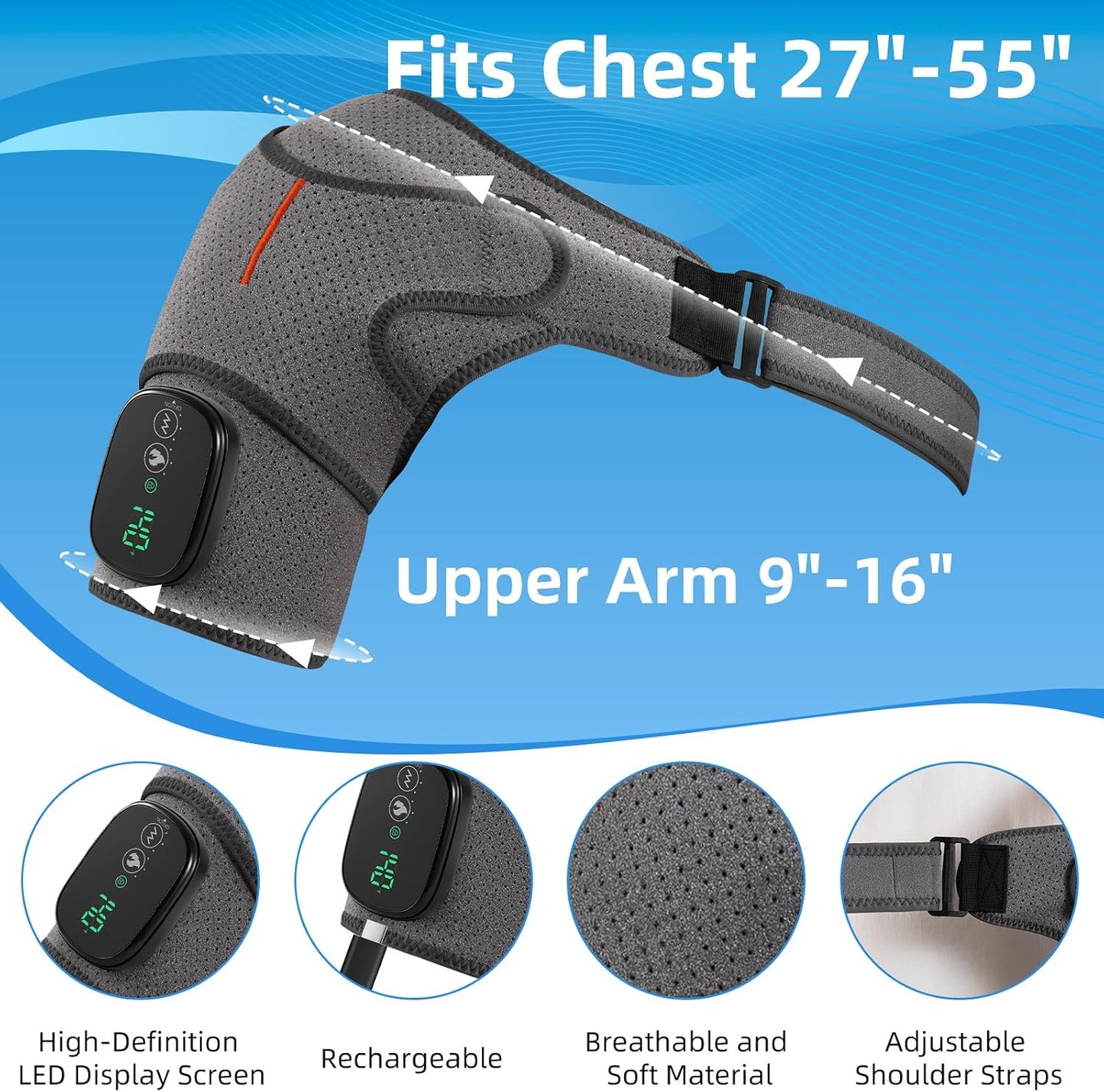 Cordless Shoulder Heating Pad with Massager, 5000mAh Rechargeable Heated Shoulder Wrap with 3 Timer,3 Vibration,3 Heat, Shoulder Brace for Rotator Cuff Pain Relief & Deep Tissue Comfort, Men & Women