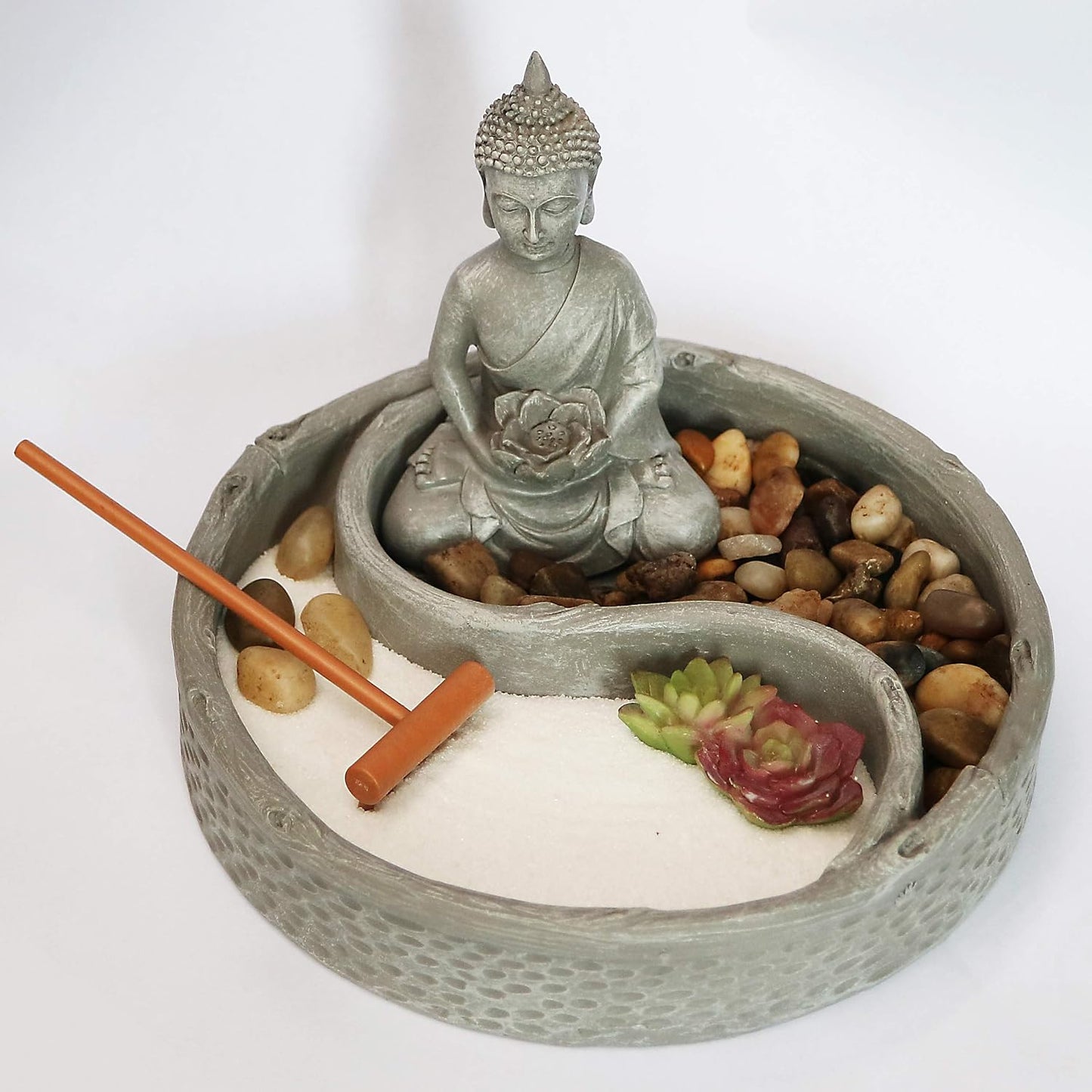 Nature's Mark Mini Zen Garden Kit for Desk with Rake, White Sand, Lotus Figure, 3 Sections Black Square Base, River Rocks and Black Rocks (9Lx9W C)