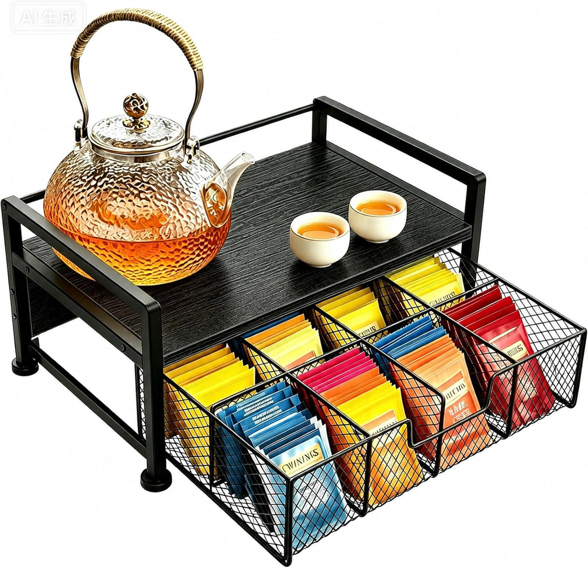 Tea Bag Organizer, Wooden Tea Box with Drawer and Top Tray, Rustic Brown