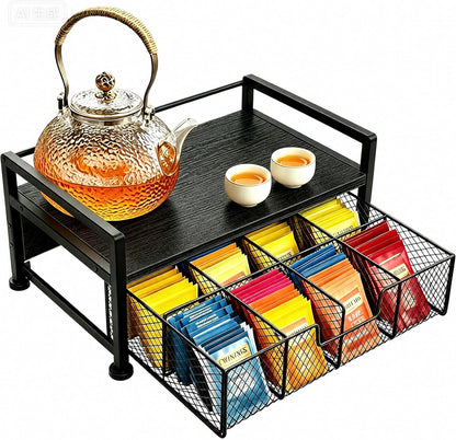 Tea Bag Organizer, Wooden Tea Box with Drawer and Top Tray, Rustic Brown