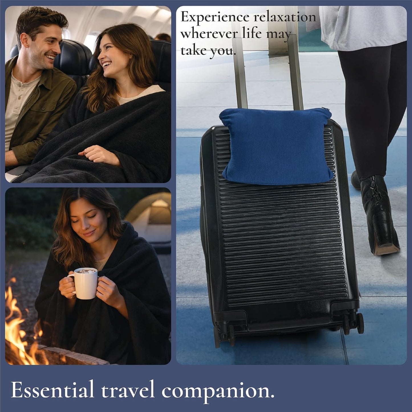 Brookstone Travel Blanket - 2-in-1 Super Soft Lightweight Throw Blanket with Carrying Pouch, Airplane & Car Travel Essentials, Blue