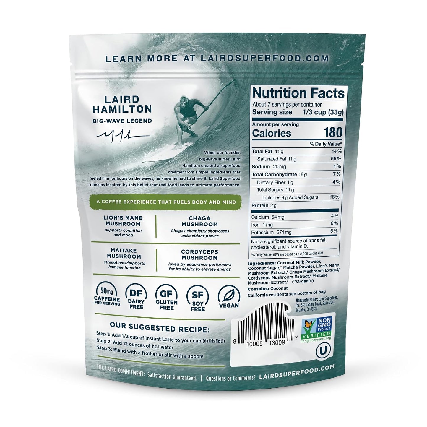 Laird Superfood Matcha Instant Latte with Adaptogens - Matcha Latte Green Tea Powder Packed with Antioxidants and Superfood Coconut Creamer - Gluten Free, Non-GMO, Vegan, 8 oz. Bag, Pack of 1