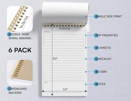 Better Office Products To Do List Mini Notepads, 5.5" x 8.5", Planning Note Pads, 50 Sheets Per Pad, Double Wire Spiral, Daily Agenda Productivity Checklist Organizer (6 Pack)