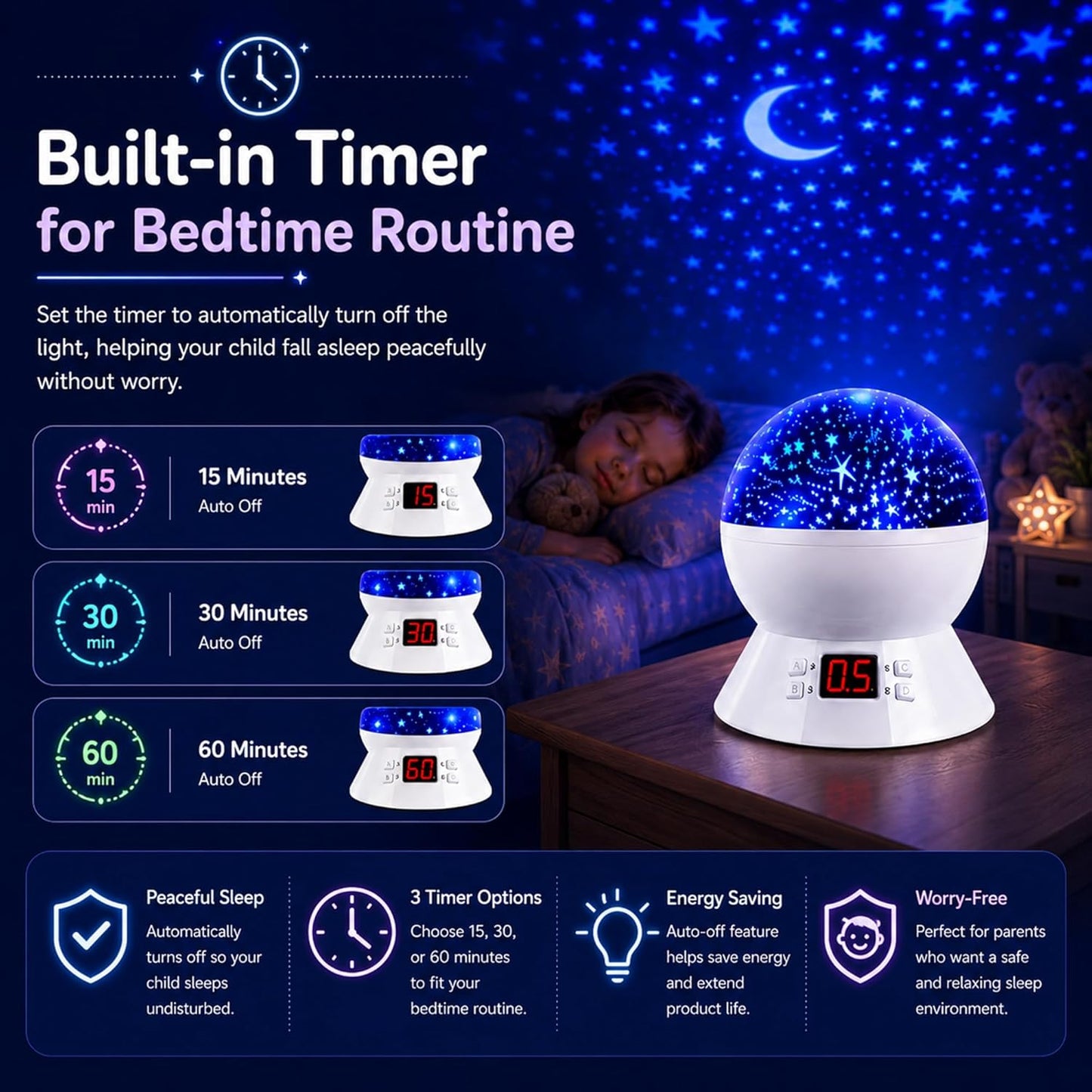 Kids Star Projector Night Light, Star Night Light Projector for Kids, Ceiling Stars Projection Lamp with Timer, 360° Rotating Night Light for Bedroom, Birthday Gift for 3 4 5 Year Old Girls Boys Black