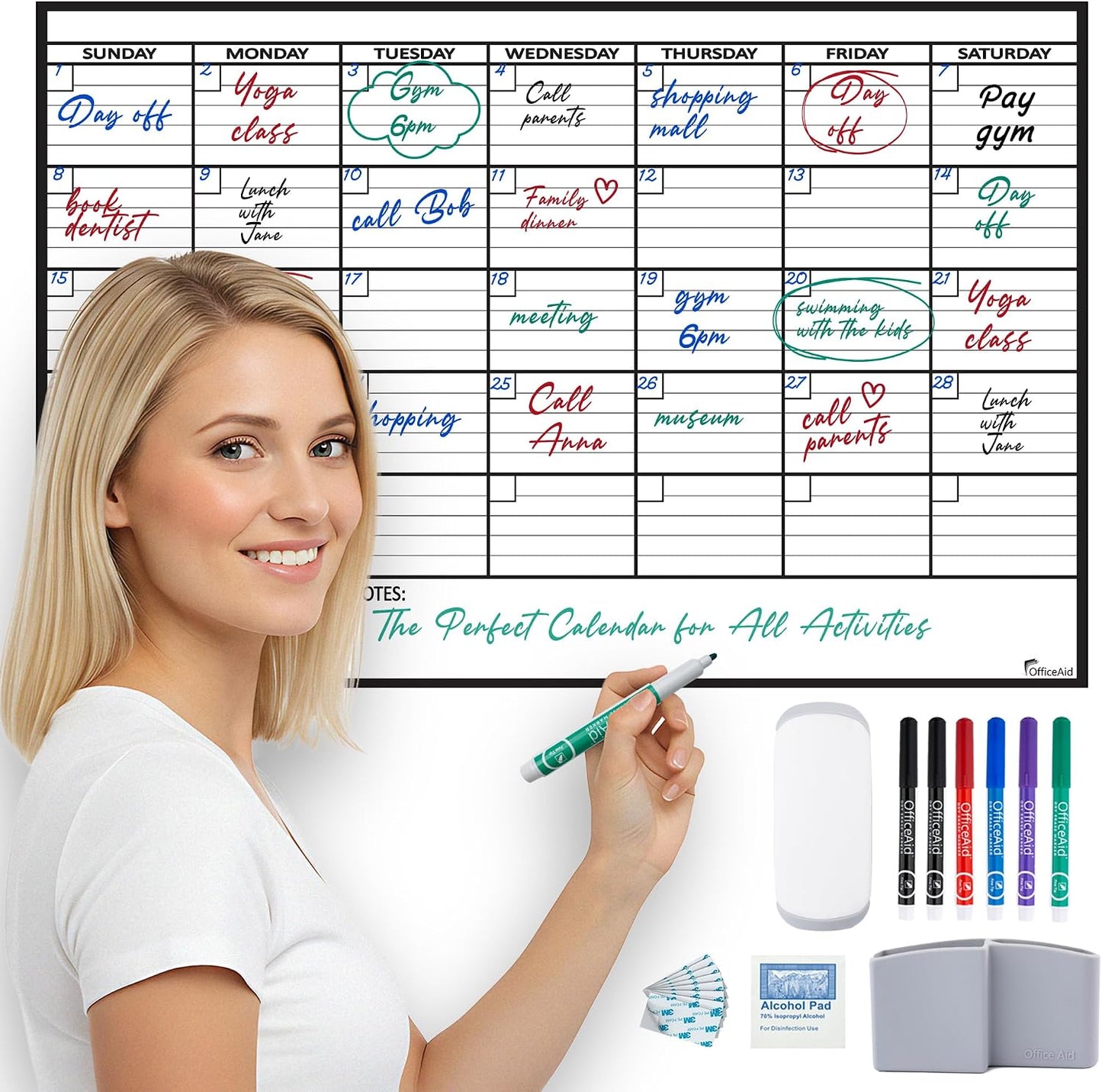 Large Dry Erase Calendar for Wall 36x48, Big Classroom Giant Month, Undated Reusable Family Monthly, Rolled Whiteboard White Board, Calendar Dry Erase Planner for Wall Erasable Large Office 48x36