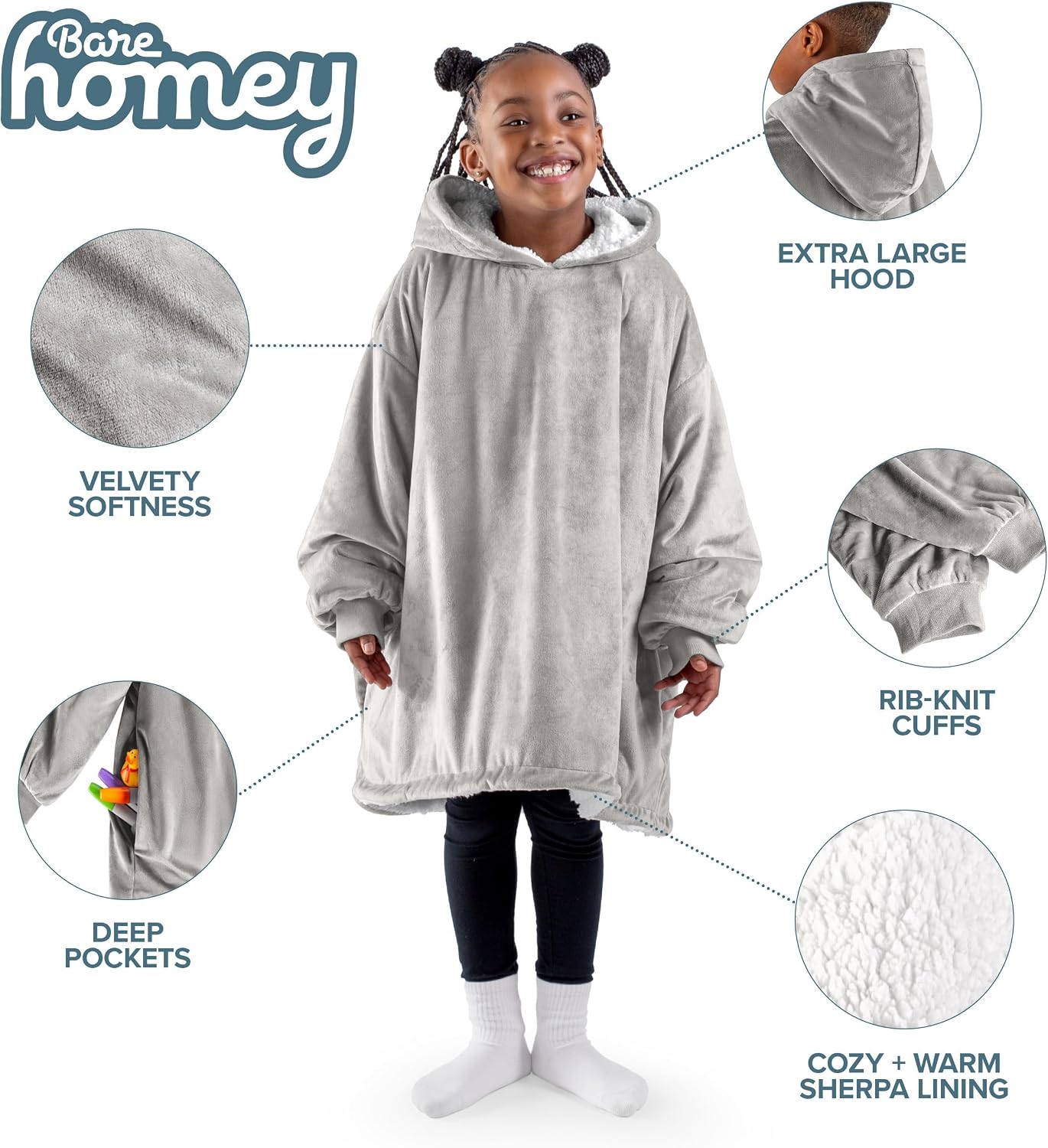 Bare Home Wearable Blanket Hoodie - Soft Plush Sherpa - Warm and Cozy - Oversized Wearable Blanket