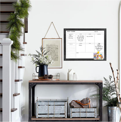 White Board Weekly Calendar Dry Erase Planner for Wall-16"X12",Black Solid Wood Frame,Minimal/Modern Design, Magnetic Whiteboard Planner for to Do List, Memo, School, Home, Office, Kitchen
