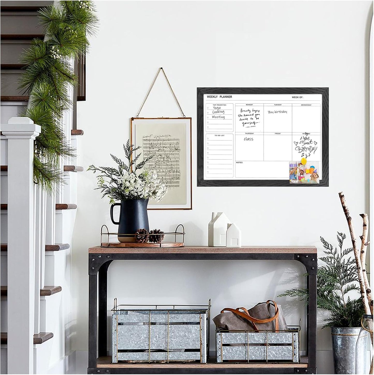 White Board Weekly Calendar Dry Erase Planner for Wall-16"X12",Black Solid Wood Frame,Minimal/Modern Design, Magnetic Whiteboard Planner for to Do List, Memo, School, Home, Office, Kitchen