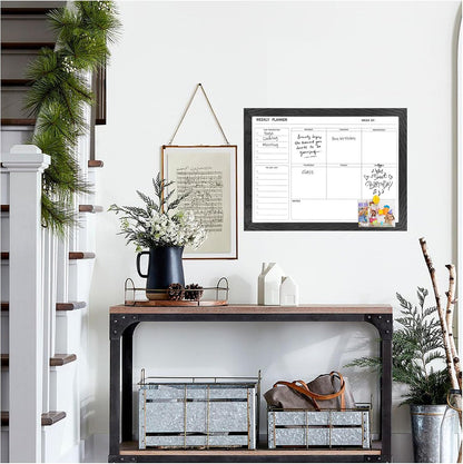 White Board Weekly Calendar Dry Erase Planner for Wall-16"X12",Black Solid Wood Frame,Minimal/Modern Design, Magnetic Whiteboard Planner for to Do List, Memo, School, Home, Office, Kitchen