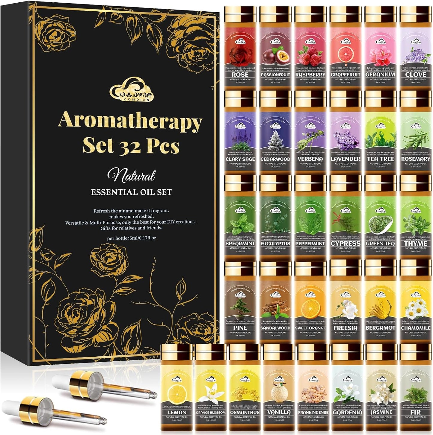 Essential Oil Set, 32 Pcs Fragrance Aromatherapy Oils for Skin, Diffusers, Home Care, Humidifier Laundry, Candle Making - Tea Tree, Sandalwood, Lavender, Vanilla, Eucalyptus and More(5mL)