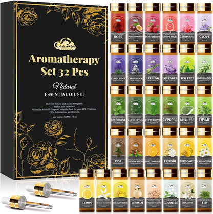 Essential Oil Set, 32 Pcs Fragrance Aromatherapy Oils for Skin, Diffusers, Home Care, Humidifier Laundry, Candle Making - Tea Tree, Sandalwood, Lavender, Vanilla, Eucalyptus and More(5mL)